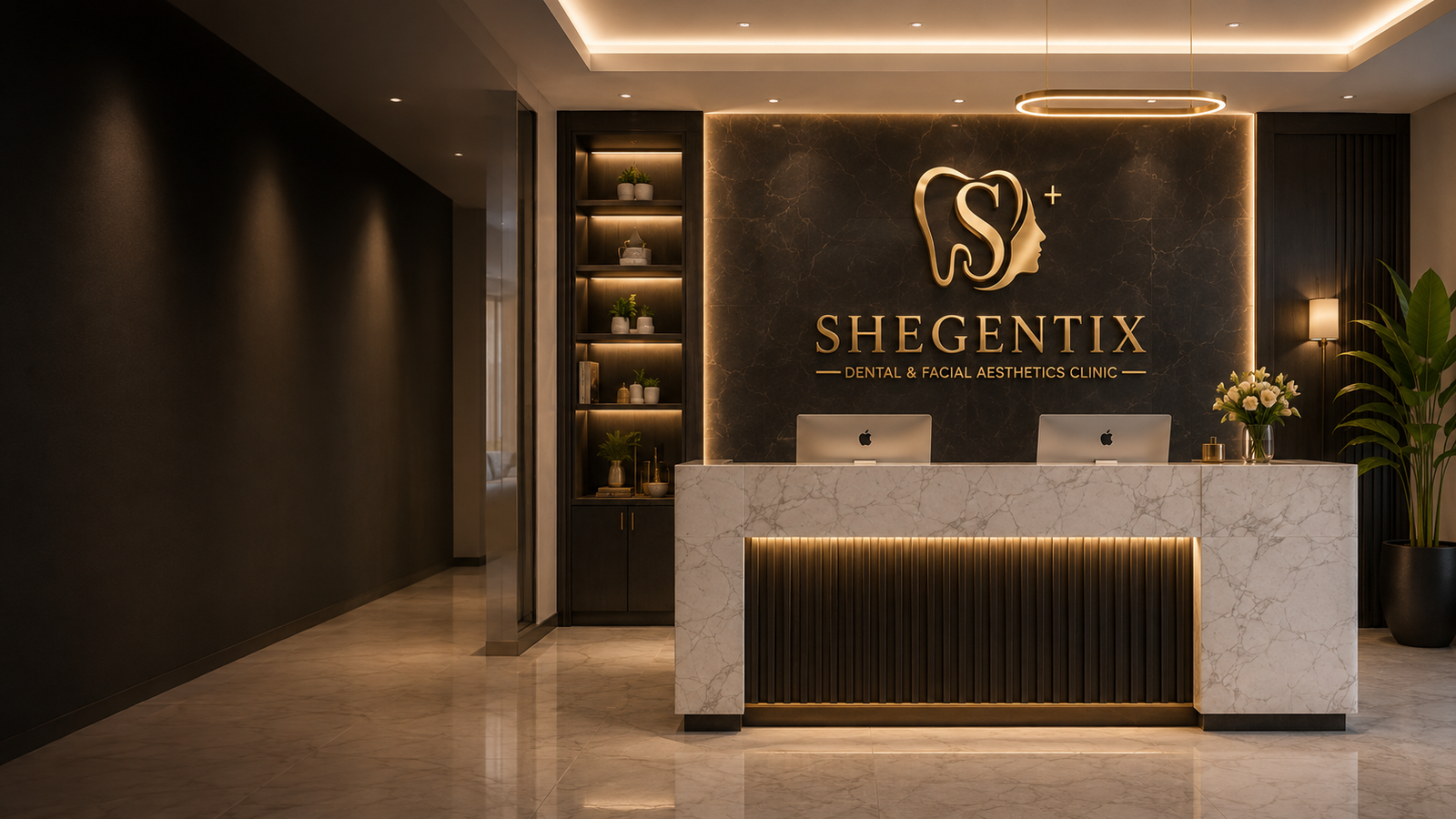 Shegentix reception desk in warm ivory, bronze and charcoal tones